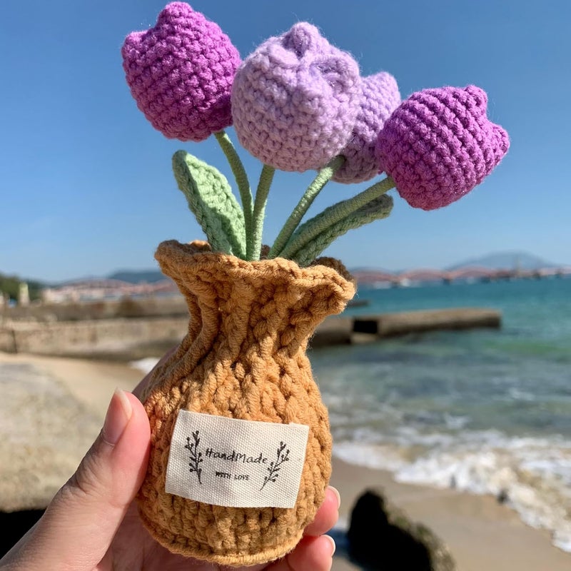 YOOJEE Christmas Crochet Flower Pot Stocking Stuffers Basket Gifts Coworker Birthday Wedding Handmade Knitted Purple Tulip Potted Plant for Mom Women Sister Teacher Home Holiday Cute Desk Decor - Image 4